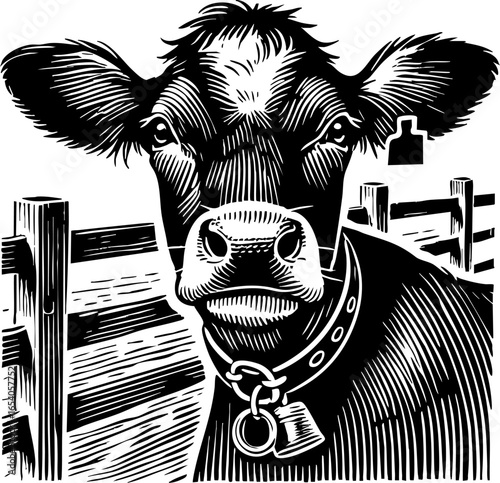Black and white woodcut-style illustration of a cow's face with a bell collar, capturing a calm expression and the rustic feel of farm life. Rustic Dairy Cow Close-up