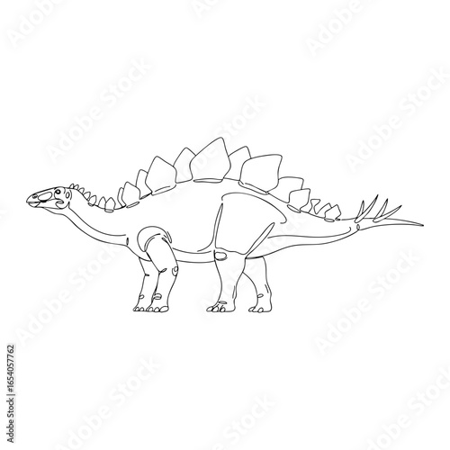 Vector line art of Stegosaurus with distinctive plates and spiked tail, herbivorous prehistoric dinosaur illustration in black outline for coloring and study use