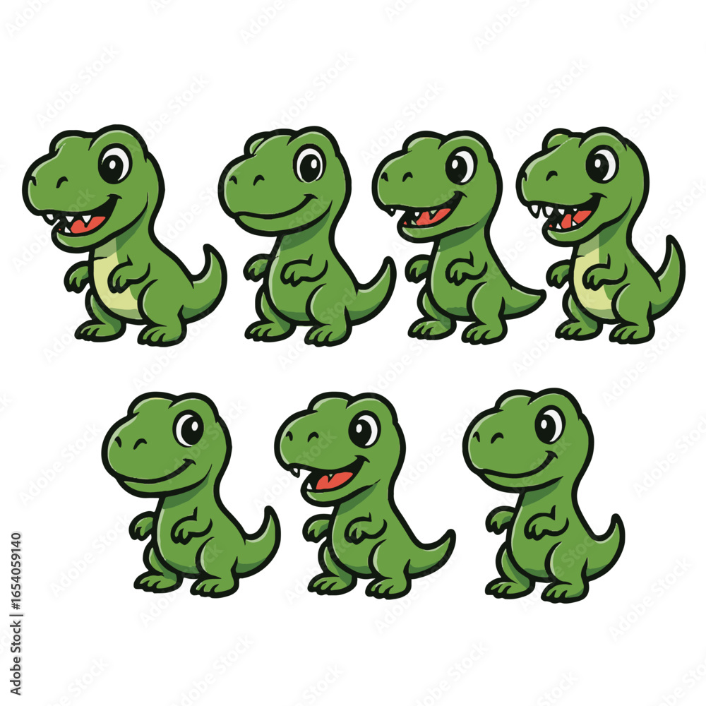 Obraz premium Cartoon Green Dinosaur Clipart Set – Cute Expressions & Poses for Kids Crafts, Stickers & Digital Projects