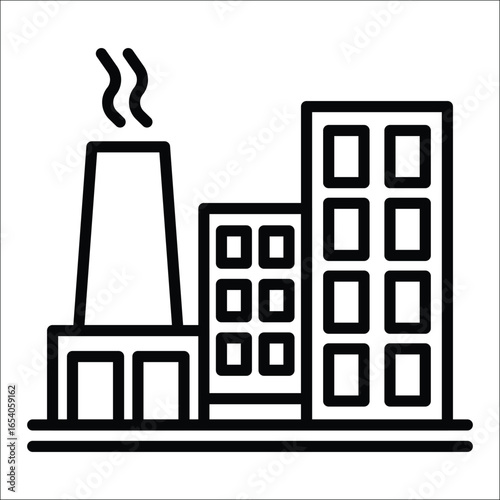 Factory icon featuring buildings smokestack emitting fumes and a ground line
