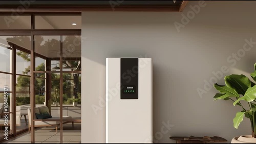 Smart home energy storage wall unit connected to rooftop solar panels, clean modern interior