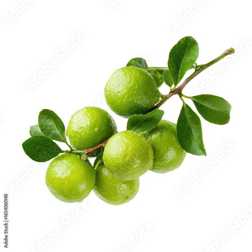 Fresh, vibrant green limes on a branch with leaves, isolated on black