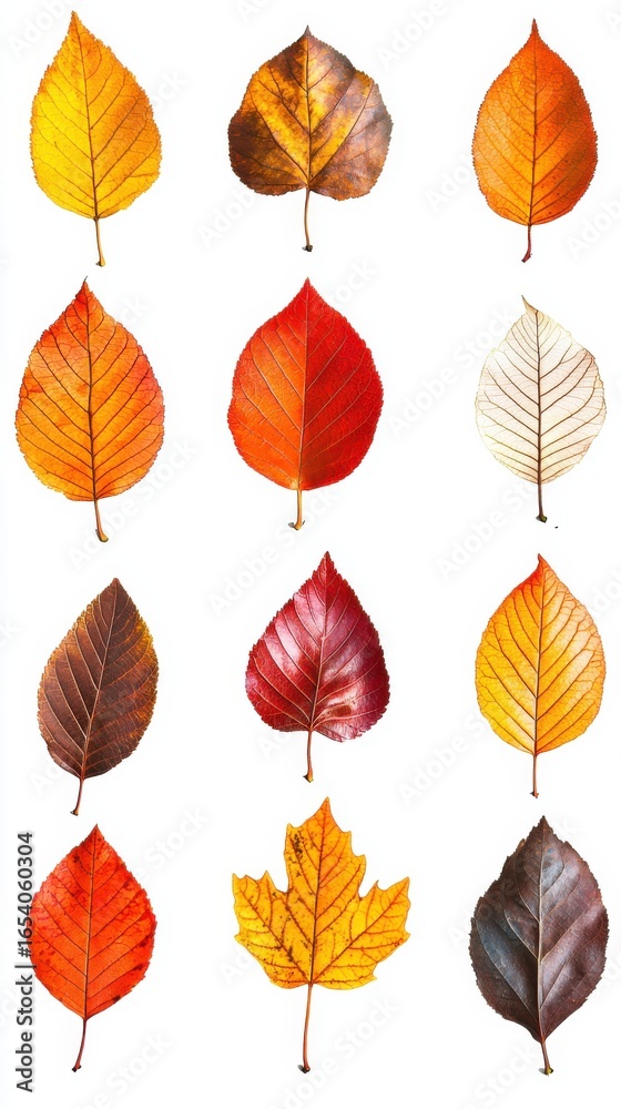 Obraz premium Collection of vibrant autumn leaves, isolated on white background. Autumn season concept.