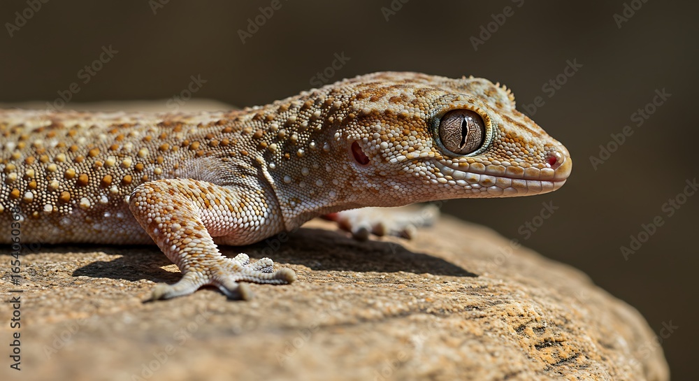 Fototapeta premium Close-up of a Mediterranean House Gecko resting on a textured rock surface