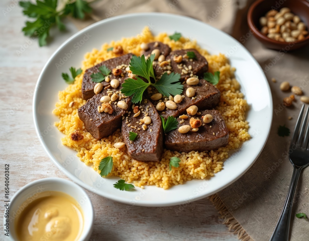Mansaf, traditional Jordanian dish, features tender lamb cooked in fermented yogurt sauce served over fluffy rice. Garnished with nuts, parsley, embodies hospitality, community. Perfect for festive Mansaf, traditional Jordanian dish, features tender lamb cooked in fermented yogurt sauce served over fluffy rice. Garnished with nuts, parsley, embodies hospitality, community. Perfect for festive