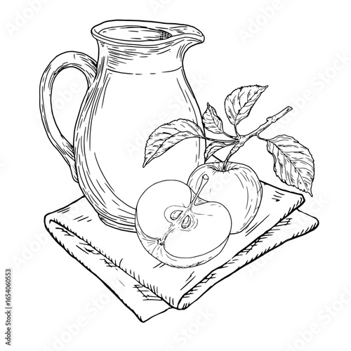A jug of apple juice and ripe apples, a black and white sketch. Vector illustration. Ripe fruit sliced into slices and healthy drink isolated on white background. The theme of autumn, harvest and diet