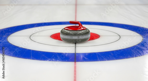Close-up of a curling stone on the ice with red and blue rings in the background at a sports venue