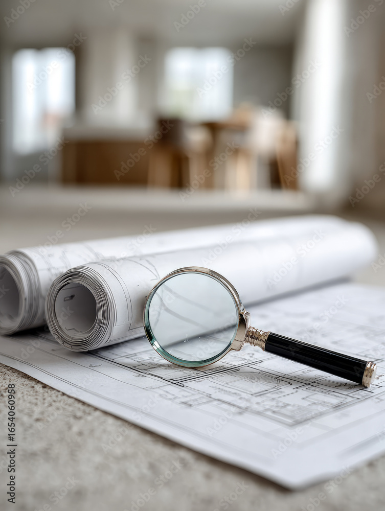 Fototapeta premium Blueprints and magnifying glass on an office desk.