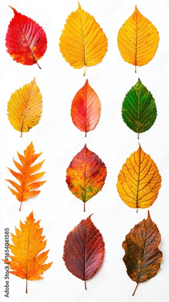 Obraz premium Collection of vibrant autumn leaves, isolated on white background. Autumn season concept.