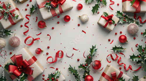 Festive Christmas scene with wrapped gifts, red ribbons, holly leaves, and ornaments on white background