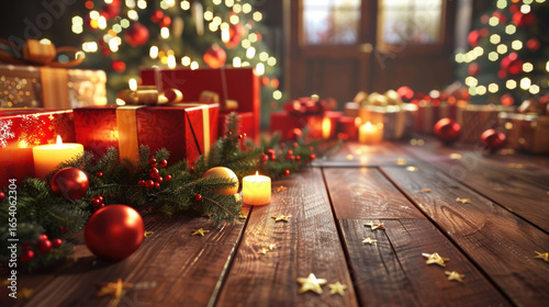 Festive Christmas scene with glowing candles, red and gold gifts, and decorated tree on wooden floor