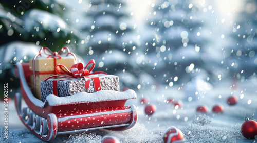 Festive sleigh with wrapped gifts in snowy winter wonderland, surrounded by snowflakes and decorated trees