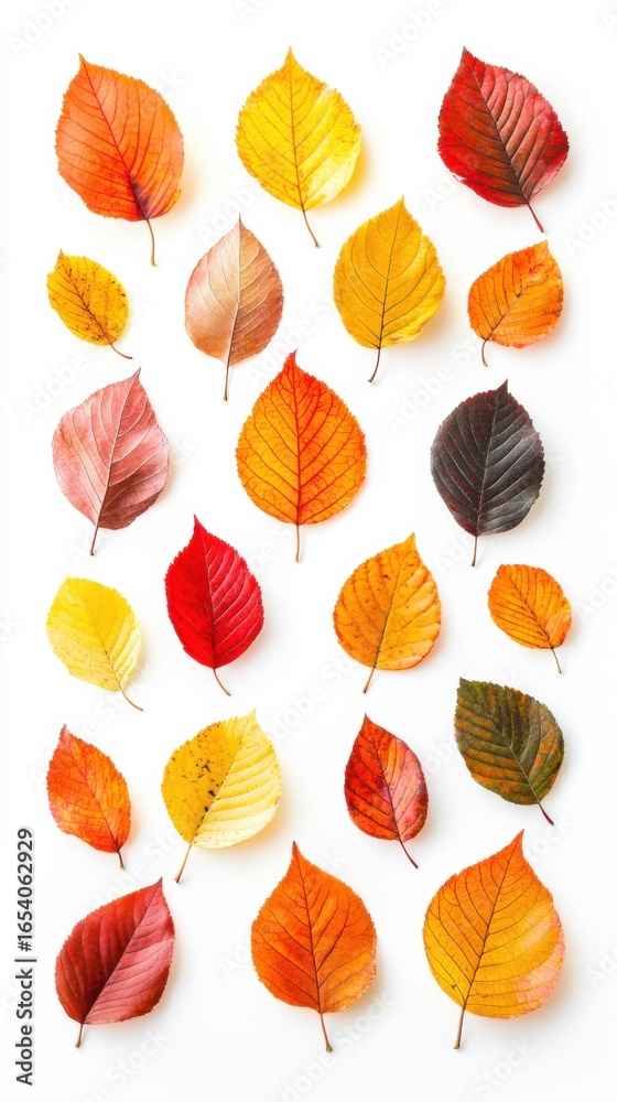 Fototapeta premium Collection of vibrant autumn leaves, isolated on white background. Autumn season concept.