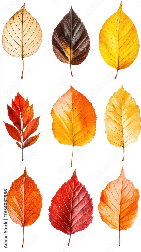 Obraz premium Collection of vibrant autumn leaves, isolated on white background. Autumn season concept.