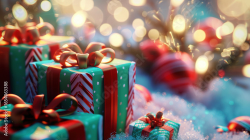 Festive Christmas gifts with red ribbons and bokeh lights create joyful holiday atmosphere
