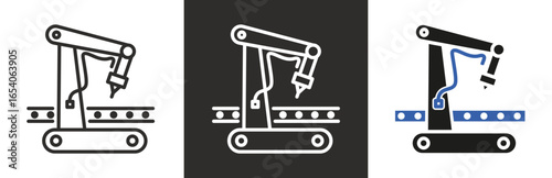 flat and linear set icons, industrial robot arm, machine icon, factory, simple symbols on white and black background - editable stroke vector illustration