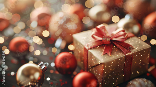 Festive gift box with red ribbon surrounded by red and gold ornaments, creating warm holiday atmosphere