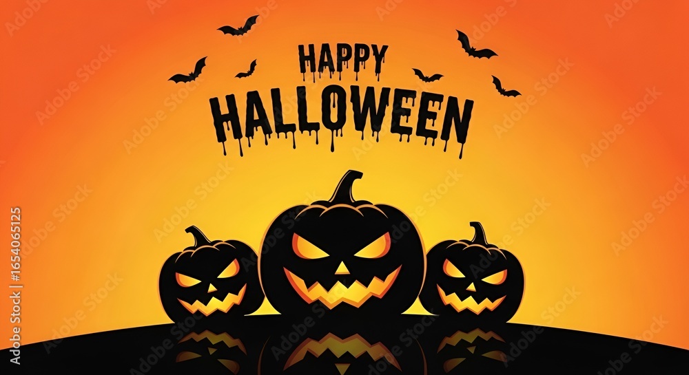 A spooky halloween scene with three glowing pumpkins and bats flying against an orange gradient background