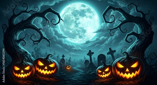 A spooky halloween graveyard scene with glowing jackolanterns under a full moon at night