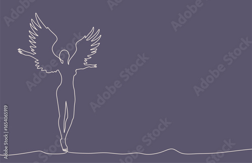 Fantasy woman angel soars in the air with huge bird wings. Girl in levitation flies. Lady goddess