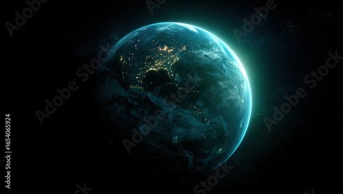 Fototapeta Naklejka Na Ścianę i Meble -  Glowing earth seen from space with city lights illuminating the night