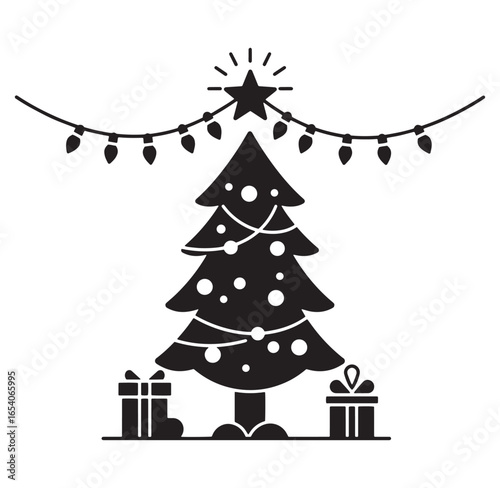 Festive christmas tree decorated with lights star and presents in a simple silhouette
