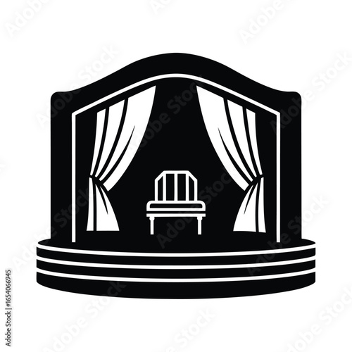 Vector art of empty stage with a single chair and drawn curtains, suggesting anticipation, a performance about to begin, or a solitary moment
