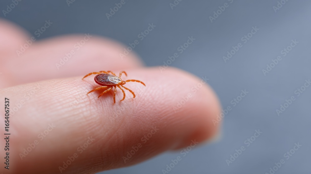 Naklejka premium A close-up of a small tick on a human finger. This macro photo captures the tiny features of the tick clearly. Perfect for educational or health-related content. AI