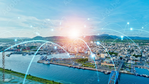 Fototapeta Naklejka Na Ścianę i Meble -  港湾都市と通信ネットワーク