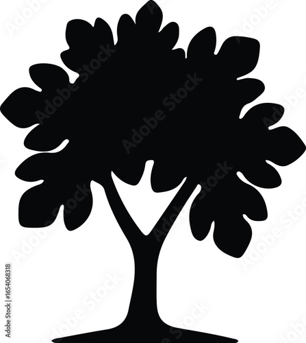 Vector Illustrator Deciduous tree with broad leaves in black Silhouette