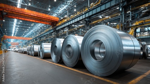 High definition photo of roll of Steel Sheet in Factory Warehouse. Strip Galvanised Steel Coil or Cold Rolled Strip, a Steel Product Produced from a Hot Rolled Strip. Steel Mill.