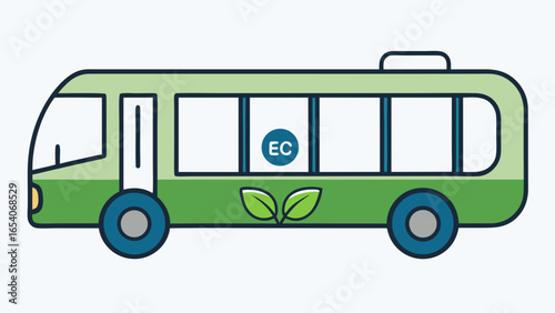 Illustration of a green eco bus with leaves and ec logo on the side showing environmental awareness