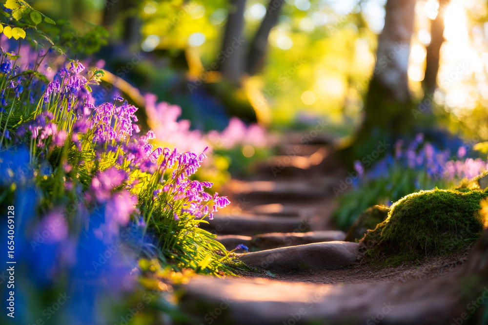 Obraz premium Golden light on trail through violet bluebell forest dreamy spring landscape