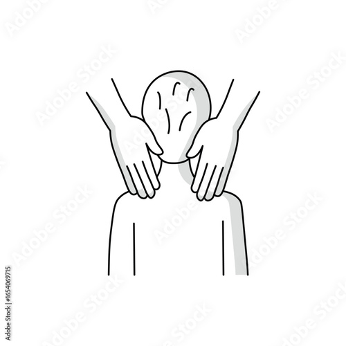 A simple black and white doodle of hands massaging a person's neck. This hand-drawn vector sketch is perfect for themes of wellness, spa, or physical therapy.