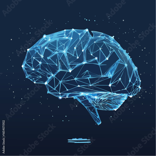 Artificial Intelligence, futuristic brain, neural network, holographic wireframe, glowing neon blue, polygon mesh, low poly, sci-fi cyber, digital data, machine learning, deep learning, technology, in