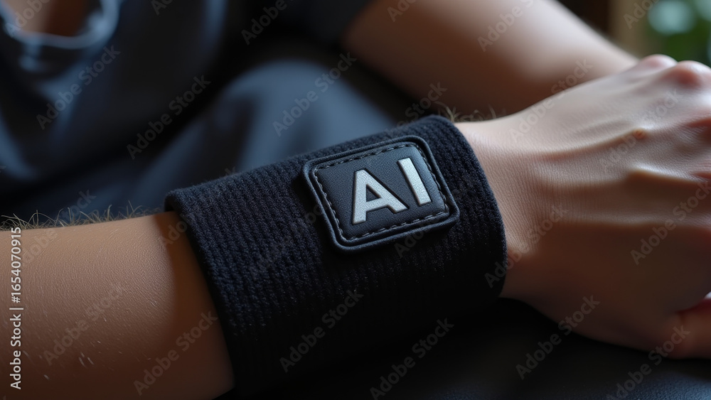 Black fitness armband with AI logo on arm during outdoor stretch exercise Black fitness armband with AI logo on arm during outdoor stretch exercise