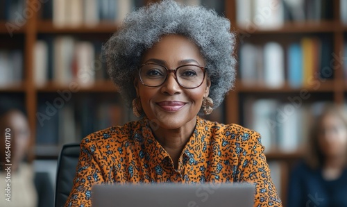 Happy senior black woman working remotely at a laptop, smiling as she participates in a video team meeting. A grandmother staying digitally connected with her family from home, Generative AI
