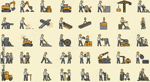A collection of construction worker icons showcasing various tasks and equipment, presented in a flat, colorful style against a neutral background.