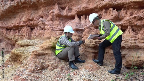 Geologist engineer working at mining site, excavating rock for analysis, checking soil minerals, identifying metals like gold, studying rock layers, and inspecting contamination for environmental safe