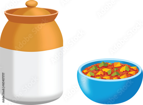 Traditional Ceramic Pickle Jar With A Mango Pickle in a Bowl Vector Illustration
