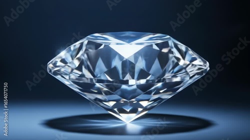 A brilliant-cut diamond sits on a dark blue surface, casting a reflective shadow. Its facets shimmer, catching the light, exhibiting exceptional clarity and sparkle