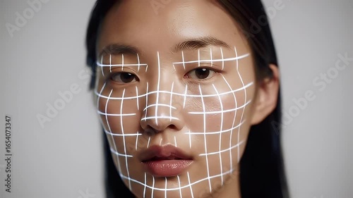 Portrait of Asian woman with projected grid lines on her face, digital and technology themes
