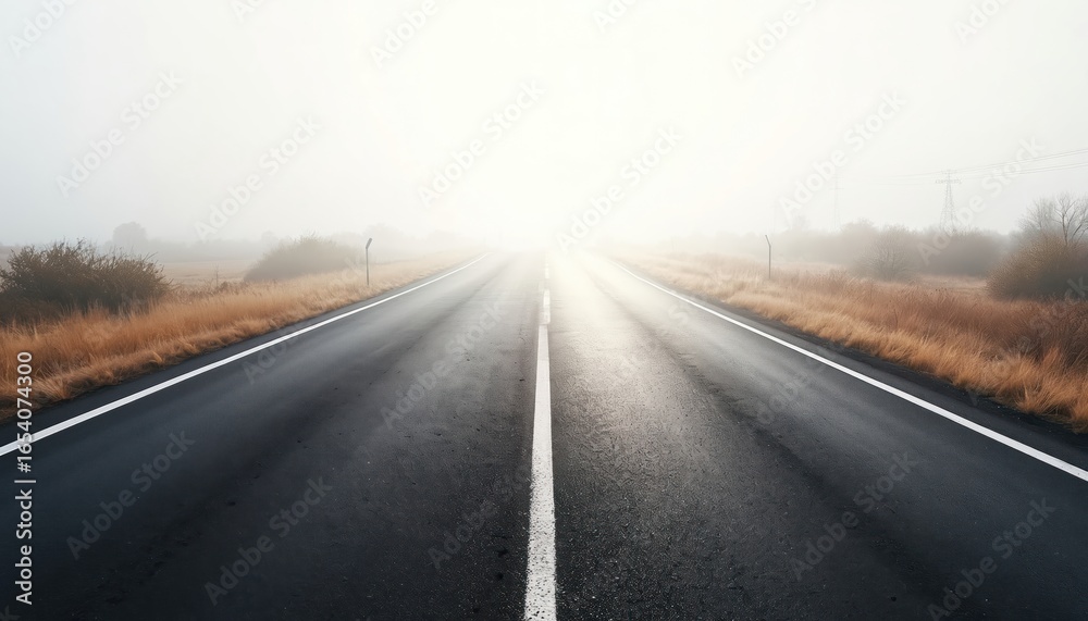 Fototapeta premium Wide angle asphalt road stretches towards foggy horizon. Dry grass and bushes line the highway. Sunlight pierces the mist, creating a sense of journey and discovery.