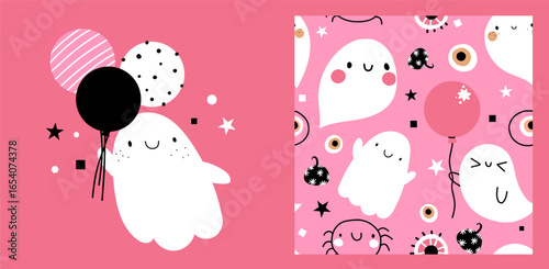 Cute pink halloween seamless pattern ghost vector pumpkin characters spooky backdrop for wrapping paper, poster, cartoon autumn fall print set. Trick or treat childish toddler print