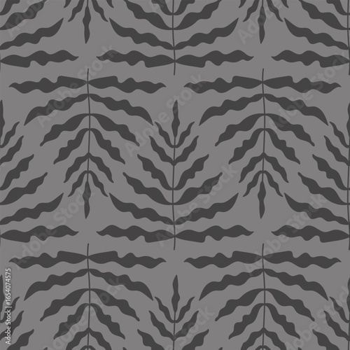 Seamless grey fern leaf pattern background. Botanical natural design for textile, wallpaper, and fabric. Elegant abstract foliage motif. Vector