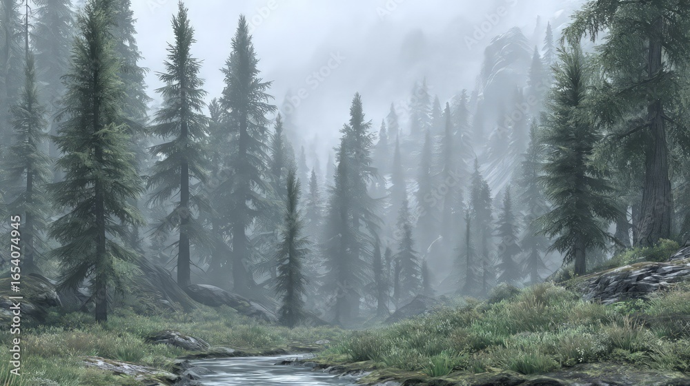 Obraz premium Snowy Forest Landscape With Misty Mountain Background