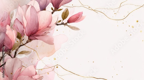 Delicate Pink Magnolia Flowers With Gold Glitter Border