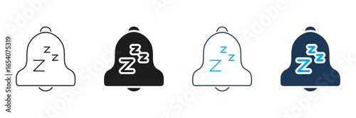 Bell With Sleep Symbol Line And Solid Icon Set. Notification Silence, Do Not Disturb, And Sleep Mode Symbol Collection. Alert Management And Restful Sleep. Isolated Vector Illustration