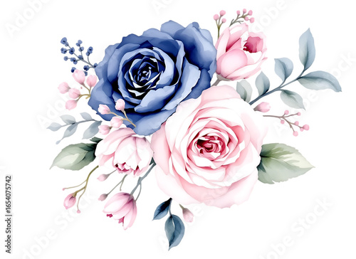 Watercolor blue and pink rose bouquet isolated on transparent background.