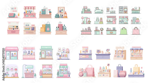 Soft pastel vector set of storefronts, boutiques, and shopping icons. Ideal for online store branding, retail marketing, and fashion e-commerce designs.